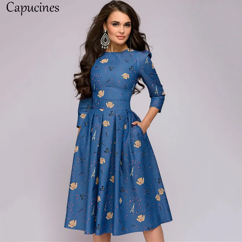 Capucines, винтажное, элегантное, с цветочным принтом, вечерние, женское платье, весна-лето, рукав 3/4, карман, повседневное, вырез лодочкой, платье - Цвет: Denim Blue