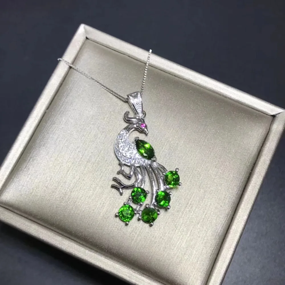 

natural green diopside gem Elegant Lovely Peacock Pendant natural gemstone pendant necklace S925 silver girl gift party jewelery