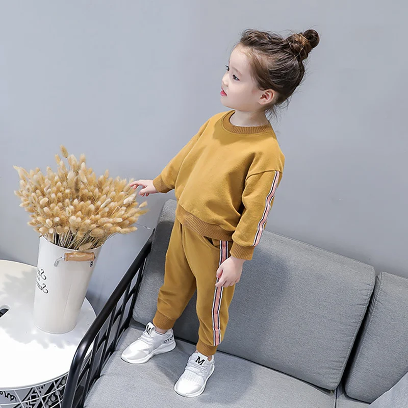 Children Tracksuits for Girls Solid Color Crew Neck Long-sleeved Sweater T-shirt Trousers Set Children's Casual Kids Clothes | Детская