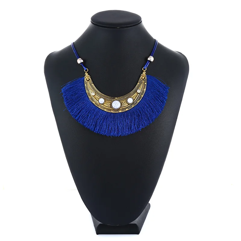 Gold Blue KMVEXO богемное ожерелье с подвеской и кисточками, черный, синий, красный, желтый, белый цвета, бахрома с кисточками, Золотая смола, этническая цепочка на свитер, ювелирное изделие, подарок - Окраска металла: Gold Blue