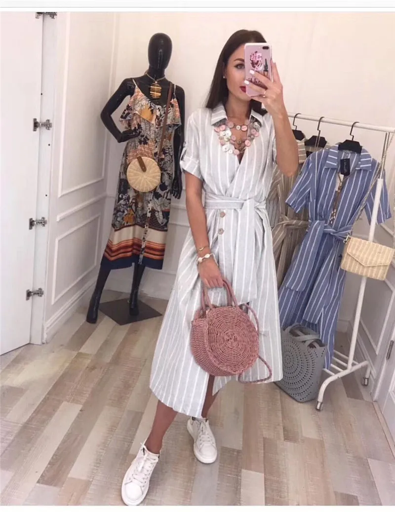 Женское платье в полоску OMILKA длинное винтажное с коротким рукавом V-образным