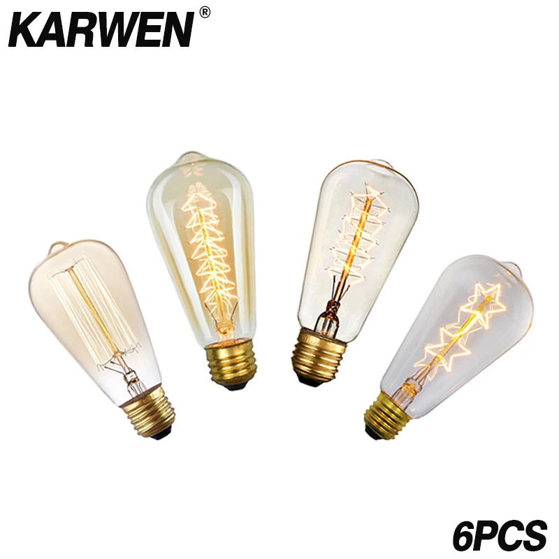 

KARWEN 6PCS Vintage Retro Edison bulb ST64 incandescent light Lampada 220V E27 40W decorative filament Edison lamp bulb