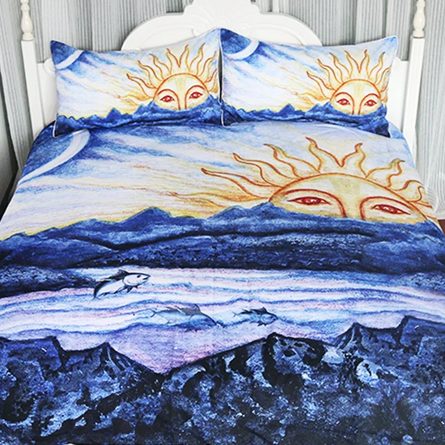 BlessLiving Abstract Costal Beach Duvet Cover Morning Sun Over Ocean Bedding Set 3 Piece Blue White Natural Inspired Bed Set 2