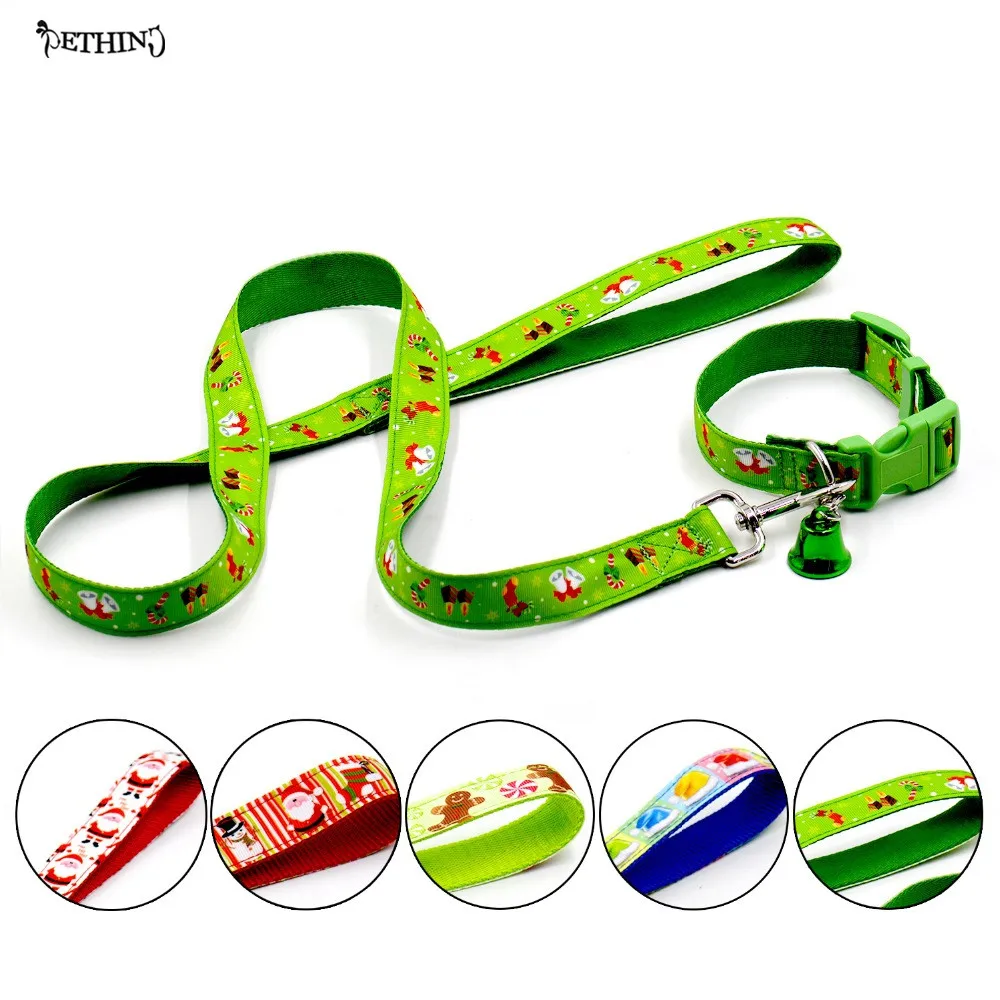 

New Christmas pet dog collar+leash S L size and 5 kinds of Christmas pet lead with bells adjustable dog pet collar puppy lead