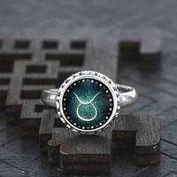 zodiac real solid 925 sterling silver ring glass cabochon antique ring art picture statement ring constellation fashion