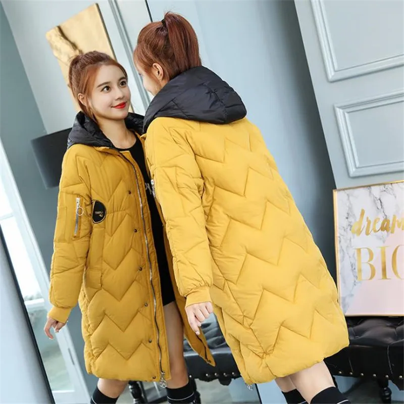 

2018 New Women Winter Hooded Warm Coat Loose BF Cotton Padded Basic Jacket Female Medium-long Outerwear Casaco Feminina D336