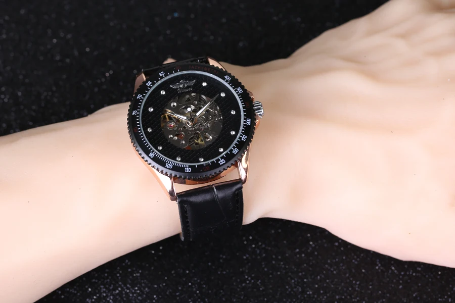 Роскошные Механические часы-скелетоны WINNER 2016 с отверстием кожаный ремешок