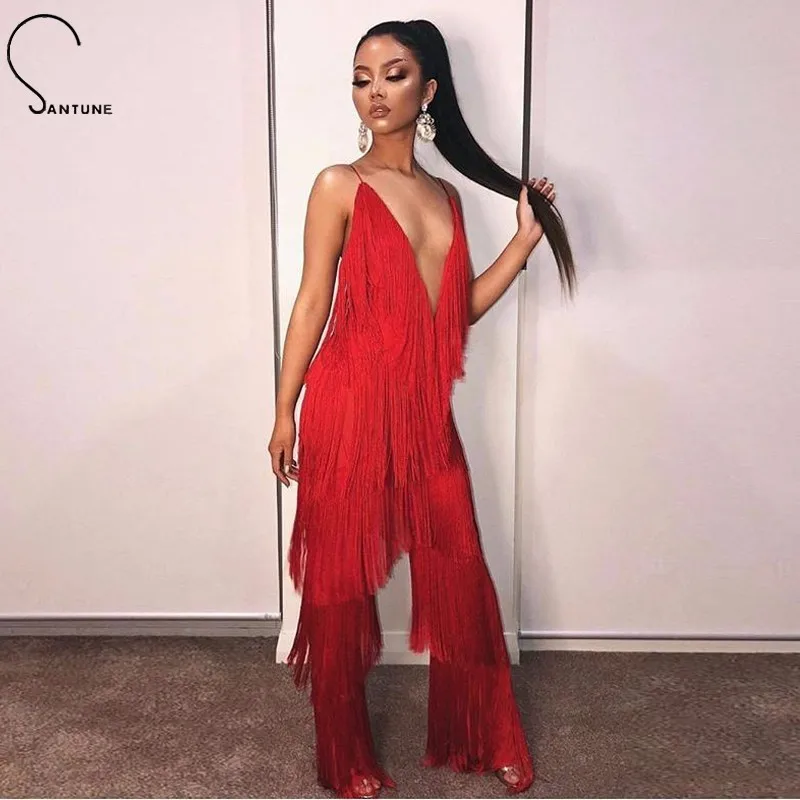 Женский комбинезон с кисточками и v образным вырезом Santune черный открытой спиной