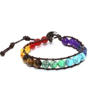chakra bracelet jewelry handmade multi color natural stone round beads leather wrap bracelet couple bracelets dropship