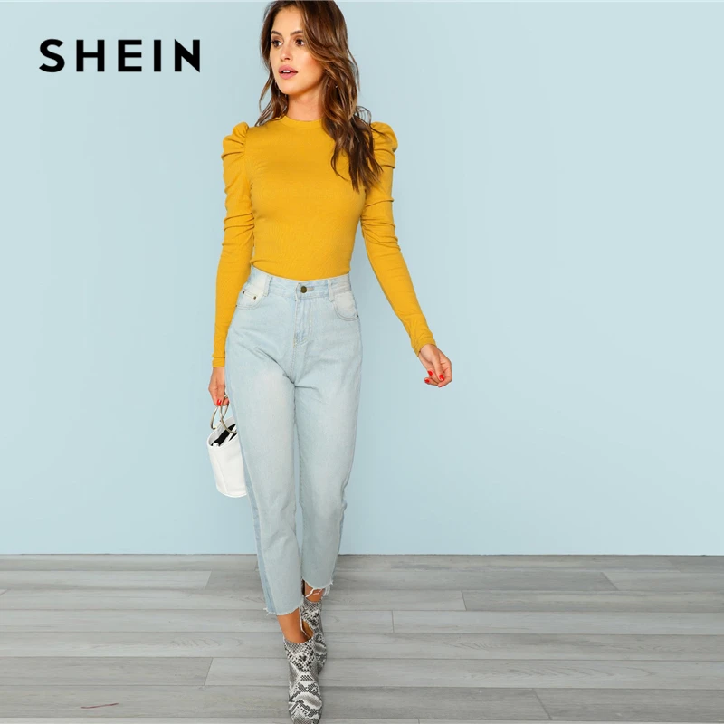 SHEIN, горчичный, элегантный, минималистичный, с пышными рукавами, в рубчик, вязанный, однотонный, пуловер, тонкая, подходит, тройник,, осень, для офиса, леди, женская футболка, Топ