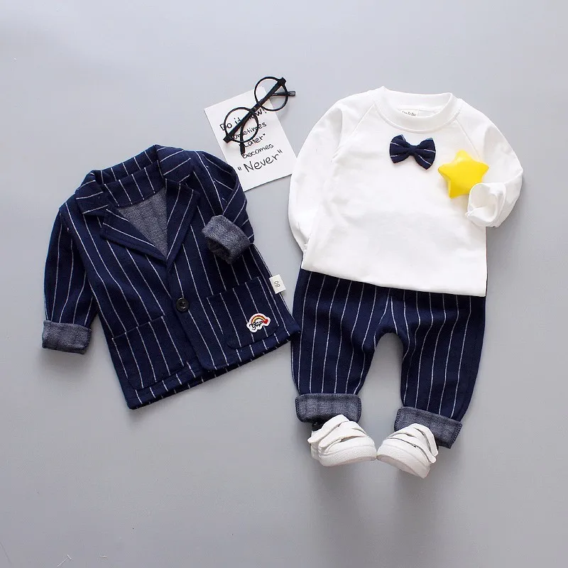 BBYZ Navy Blue На весну для маленьких мальчиков с узором "гусиная лапка" Модный Костюм Джентльмена футболка с бантом и штаны в клетку из 3 шт./компл. детское шерстяное пальто с длинными рукавами для девочек высокое качество Детские костюмы - Цвет: BBYZ Navy Blue