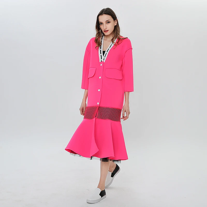 TWOTWINSTYLE Hollow Out Windbreaker For Women V Neck Patchwork Single Breasted Midi Trumpet Trench Coats Spring Fashion Clothing | Женская