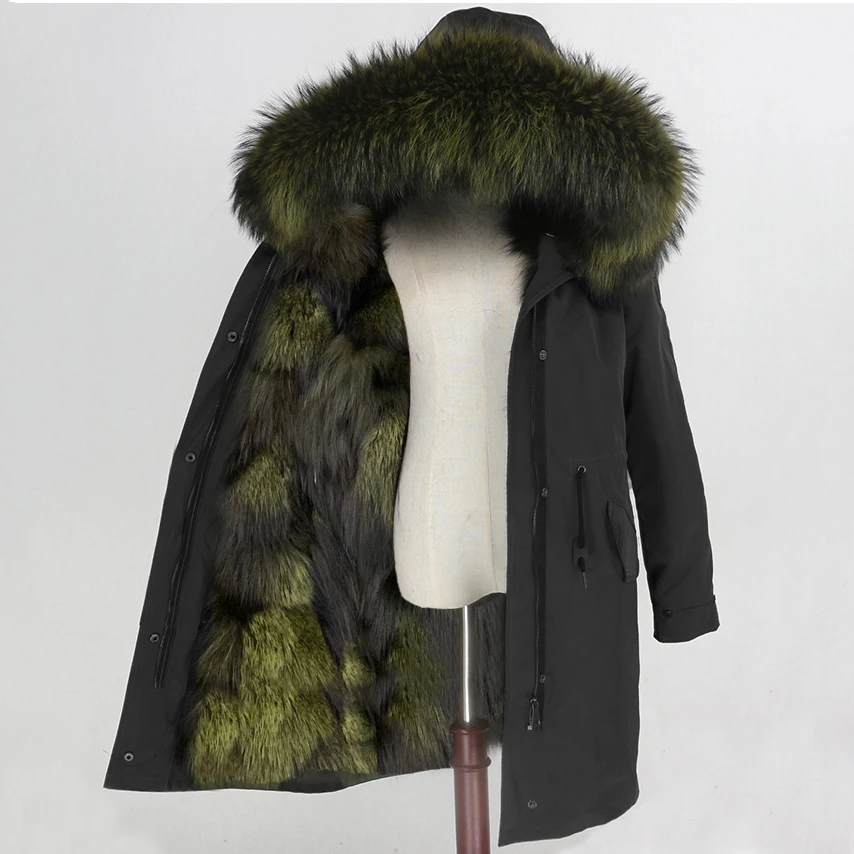 black green OFTBUY X-long водонепроницаемая верхняя одежда, парка из натурального меха, пальто из натурального Лисьего меха, зимняя куртка для женщин, капюшон из меха енота, теплая Съемная Новинка - Цвет: black green