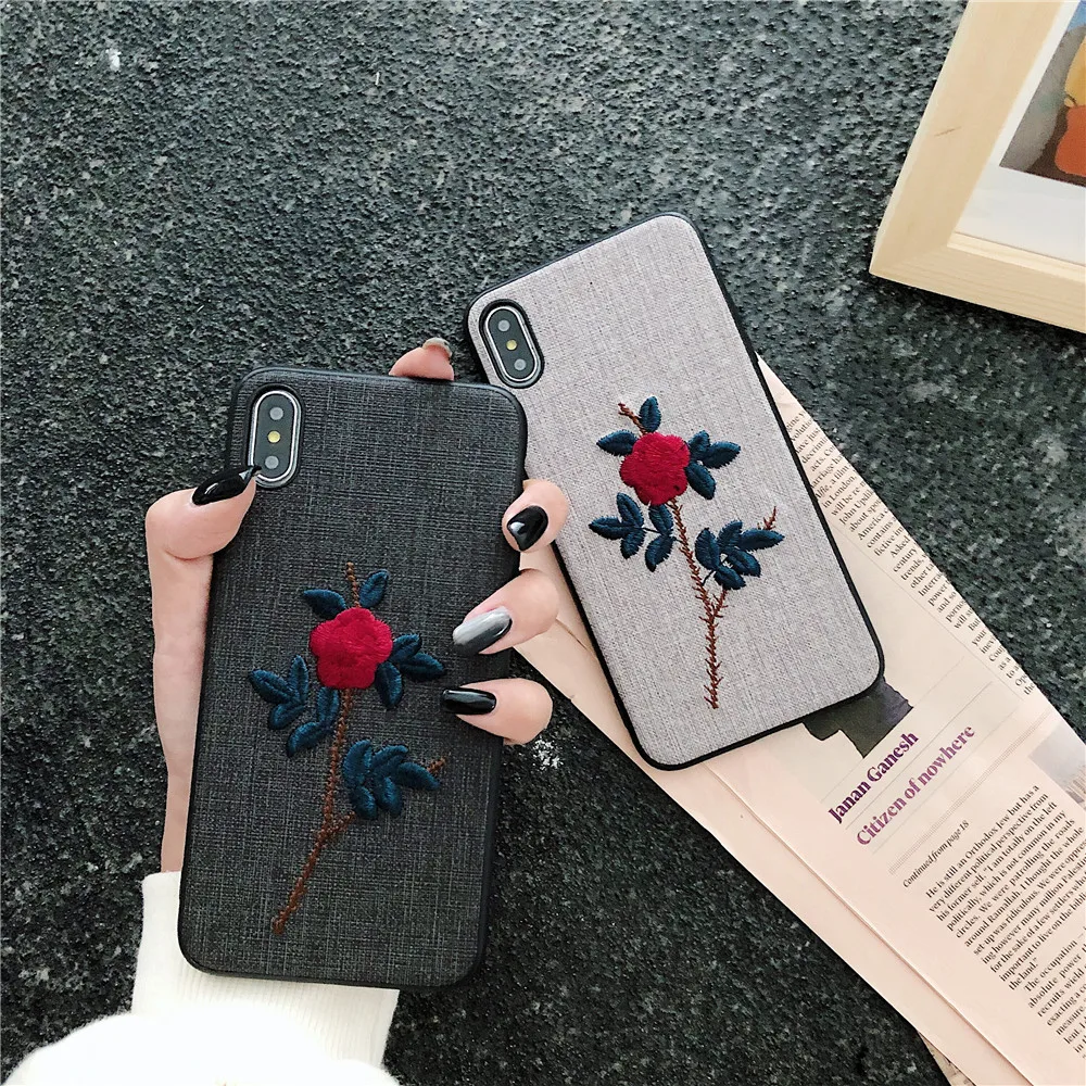 Embroider Rose Phone Case For Apple iPhone 7 Plus Vintage Flora Cases 6 6s 8 X XS MAX XR High Quality Soft Cover |