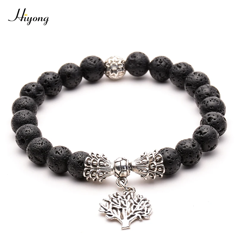 

Natural Black Volcanic Lava Stone Tree of Life Bracelet Black Matte Mala Beads Bracelets For Women Men Yoga Jewelry Pulseras