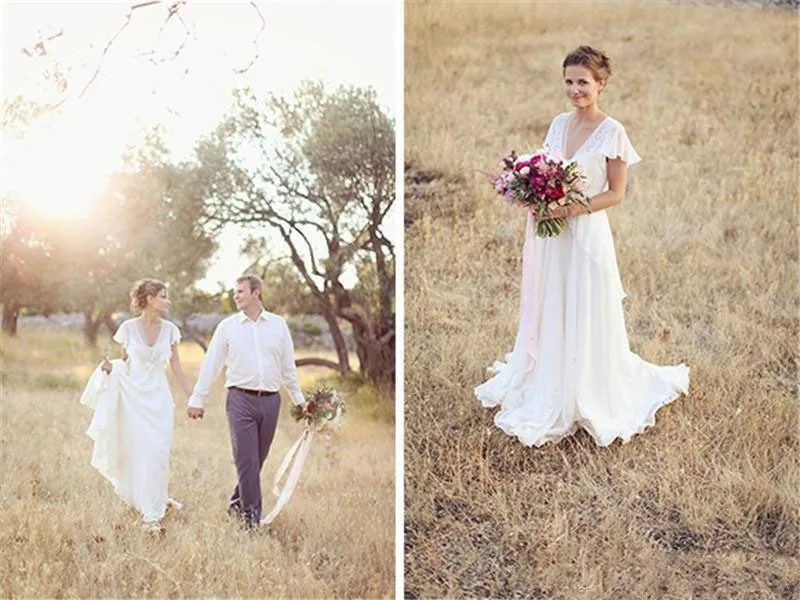 Пляжные свадебные платья Boho с v образным вырезом трапециевидные кружевные