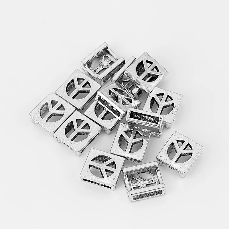 

10 Pcs Spuqre Carved Peace Symbol Charms Bead Slider Spacer 10*2mm For Flat Leather Jewelry Findings