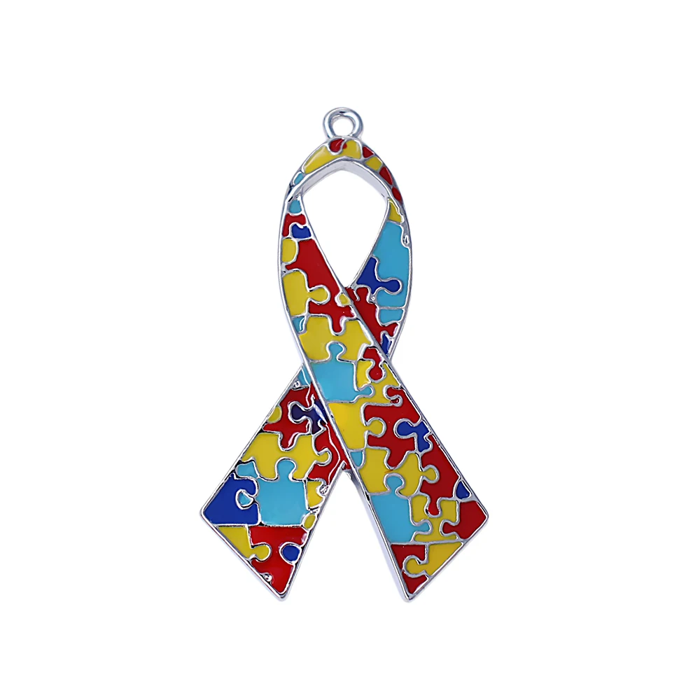 Fashion large size enamel metal autism puzzle ribbon charm for breast cancer autistic jewelry DIY pendant | Украшения и