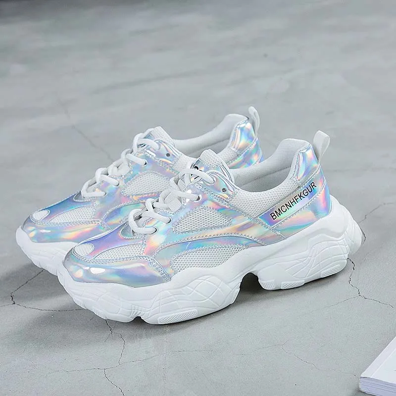 Повседневная обувь; женские кроссовки на массивной платформе; chaussures femme; сезон весна; Новинка; zapatos de mujer; цвет розовый; Женская обувь в стиле пэчворк; Цвет Серебристый - Цвет: Серебристый