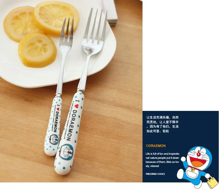 В Горошек Rilakkuma/KT/Doraemon керамическая ручка из нержавеющей стали Ложка Вилка набор палочек для еды креативный мультяшный столовый сервиз