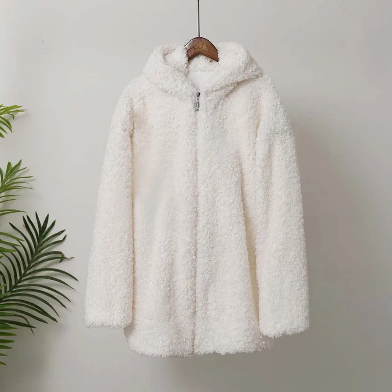 white faux fur coat Куртка из искусственного меха с капюшоном большого размера, Женская пушистая лохматая Шуба на молнии из искусственного меха, женская зимняя коллекция, утолщенная теплая куртка, меховое пальто - Цвет: white faux fur coat