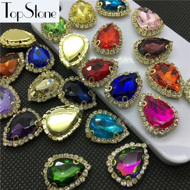 Sew On Teardrop glass crystal fancy stone 13X18mm In Golden handmade claw 18x24mm for Jewelry Making | Дом и сад
