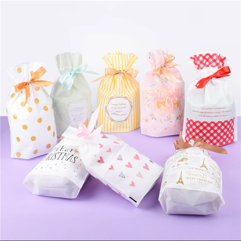 50 шт./лот белая пластиковая сумка на шнурке в Золотой горошек с лентами конфетные