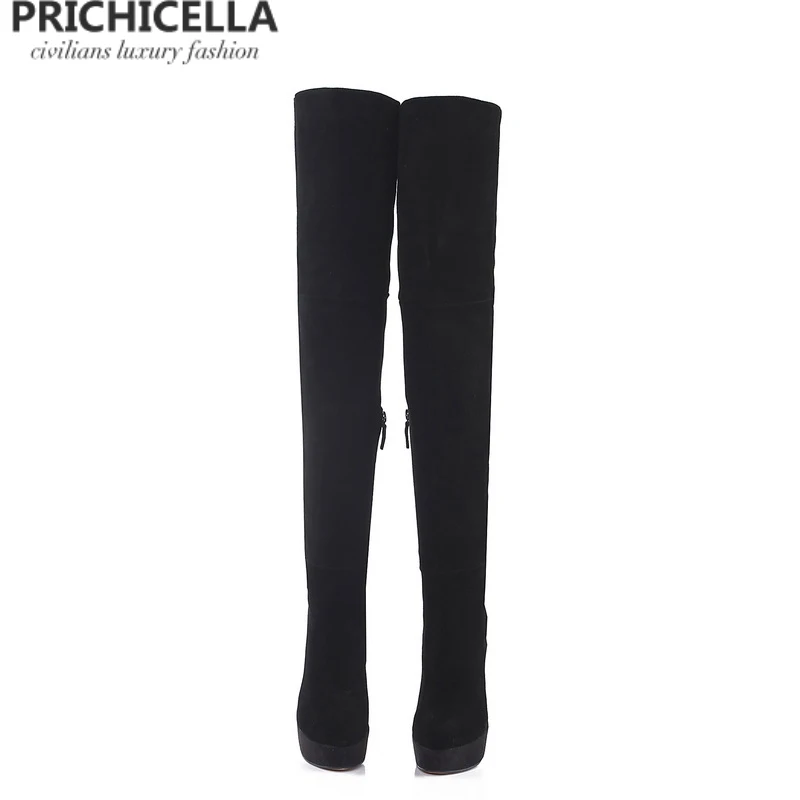 PRICHICELLA/черные замшевые блестящие сапоги до бедра на шпильке и платформе; высокие сапоги из натуральной кожи; size34-42