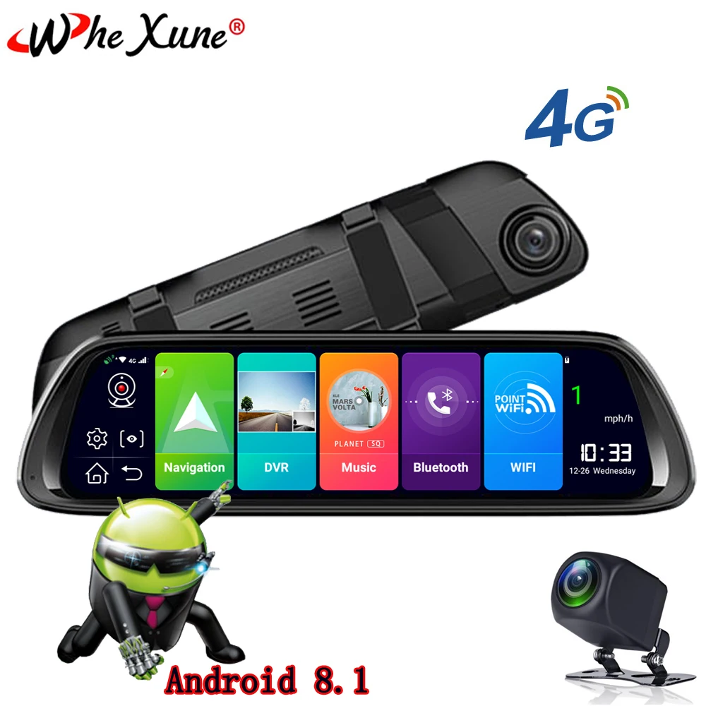 WHEXUNE, новинка, Android 8,1, Автомобильный видеорегистратор, камера, 10 дюймов, 4G, потоковое видео, зеркало заднего вида, gps навигация, регистратор, FHD 1080 P, двойной объектив