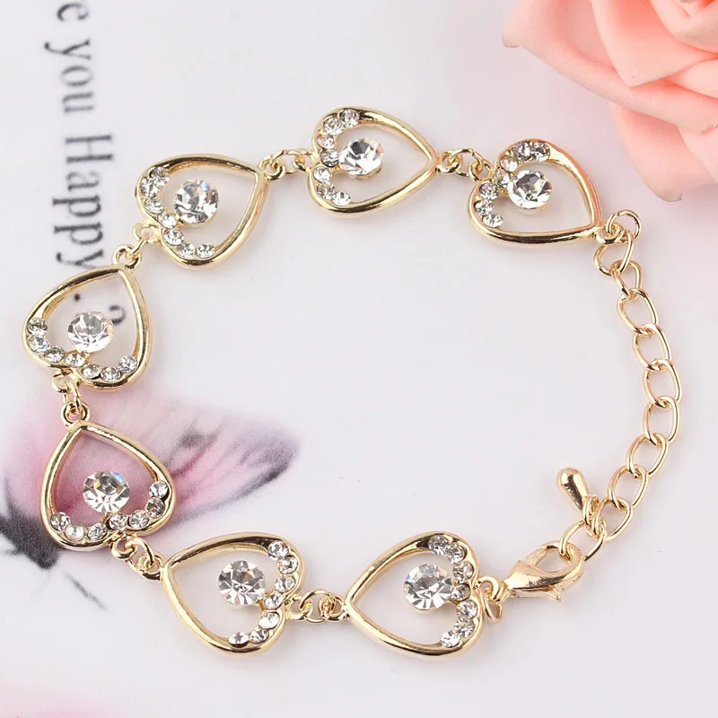 Free shipping New Women/Lady's fashion Yellow Gold Color Heart Clear Austrian Crystal Bracelets &amp Bangles Jewelry Wholesale |