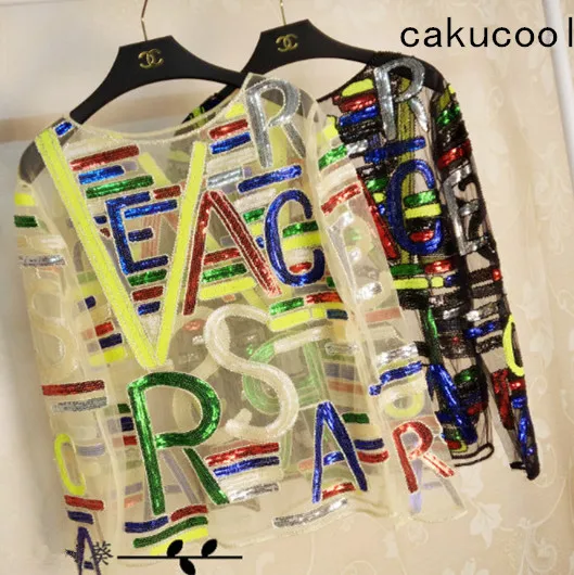 

Cakucool Women Sequined Shirt Tops See-through Colorful Embroid Beading Blusas Long Sleeve Chiffon Pullover Shirts Lady