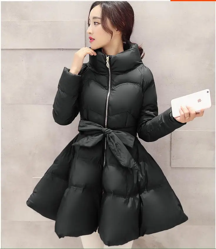 2019New зимние Для женщин куртки A-Line в Корейском стиле; куртка-пуховик со стоячим воротником женский плащ с подкладкой из хлопка, с поясом, парки CQ2610