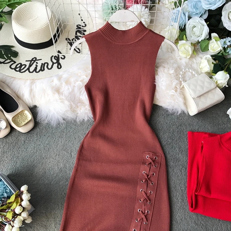 ALPHALMODA винтажное вязаное платье без рукавов осеннее узкое облегающее трикотажное платье на шнуровке
