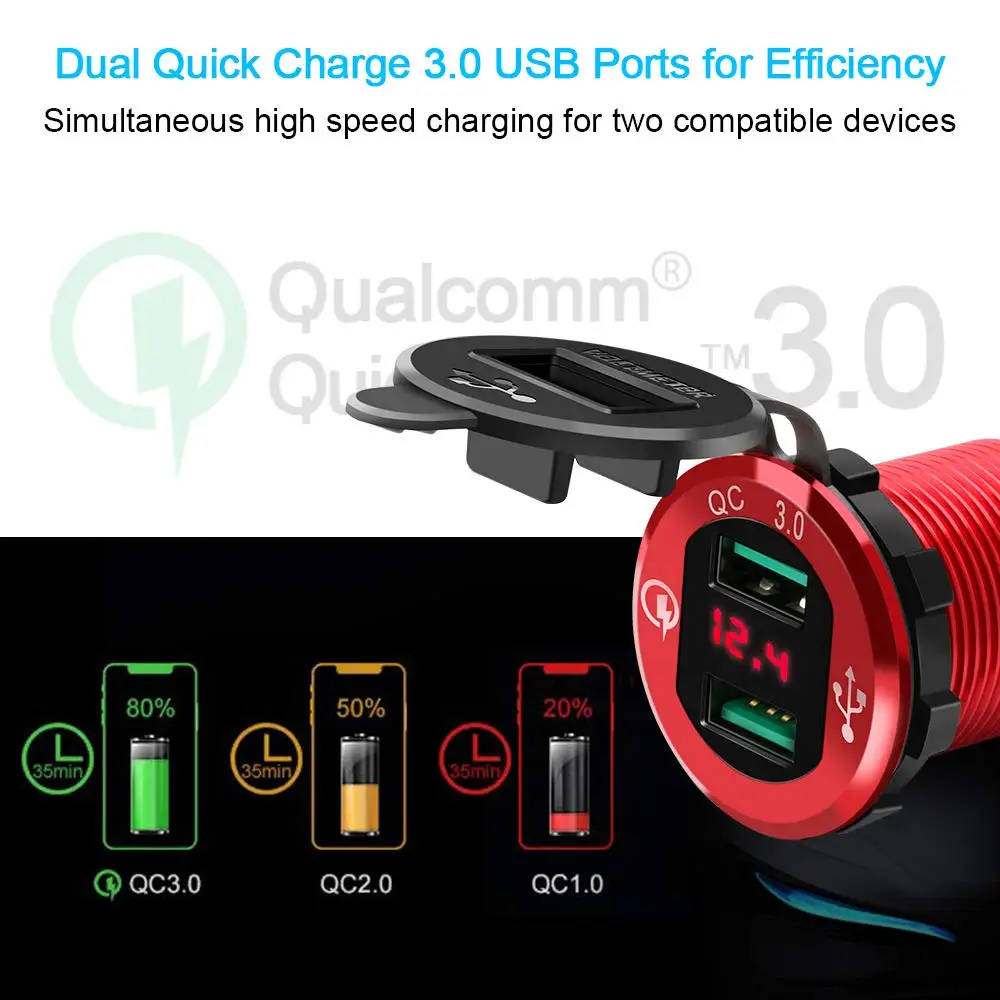 Двойное автомобильное зарядное устройство QC3.0 USB со светодиодным вольтметром для