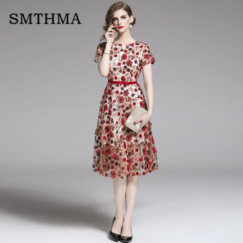 Photo Color SMTHMA, Новое поступление, модные летние платья с коротким рукавом, женское Сетчатое платье с цветочной вышивкой и блестками, vestidos - Цвет: Photo Color