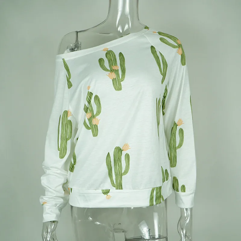 Z &amp koze Мода 2017 г. кактус печати Футболка Для женщин с длинным рукавом