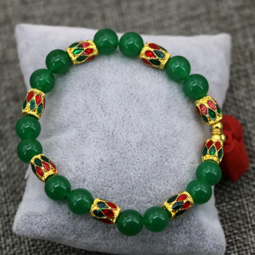 Натуральный 8 мм зеленый нефрит камнем Халцедон Круглый бисер браслет золото