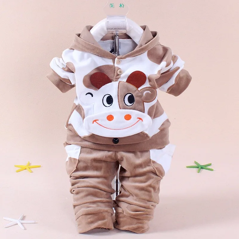 Spring Girls Boys Clothes Kids Set Velvet two years baby girl clothes Cartoon T Shirt Hoodies Pant Velour Children girls cow set | Детская