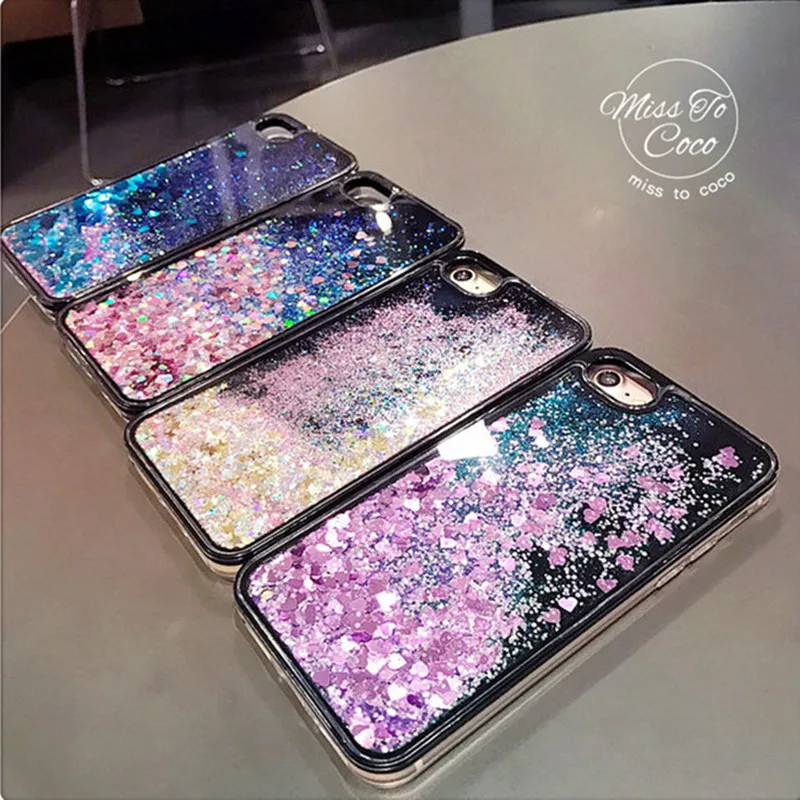For iPhone 6 6S 7 8 Plus Case Glitter Bling Liquid Love Heart Quicksand Black for X XR XS MAX Soft Silicon |