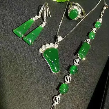 Natural agate four piece silver set Yellow Green Agate Necklace Ring Bracelet Earrings Jewelry for women | Украшения и аксессуары