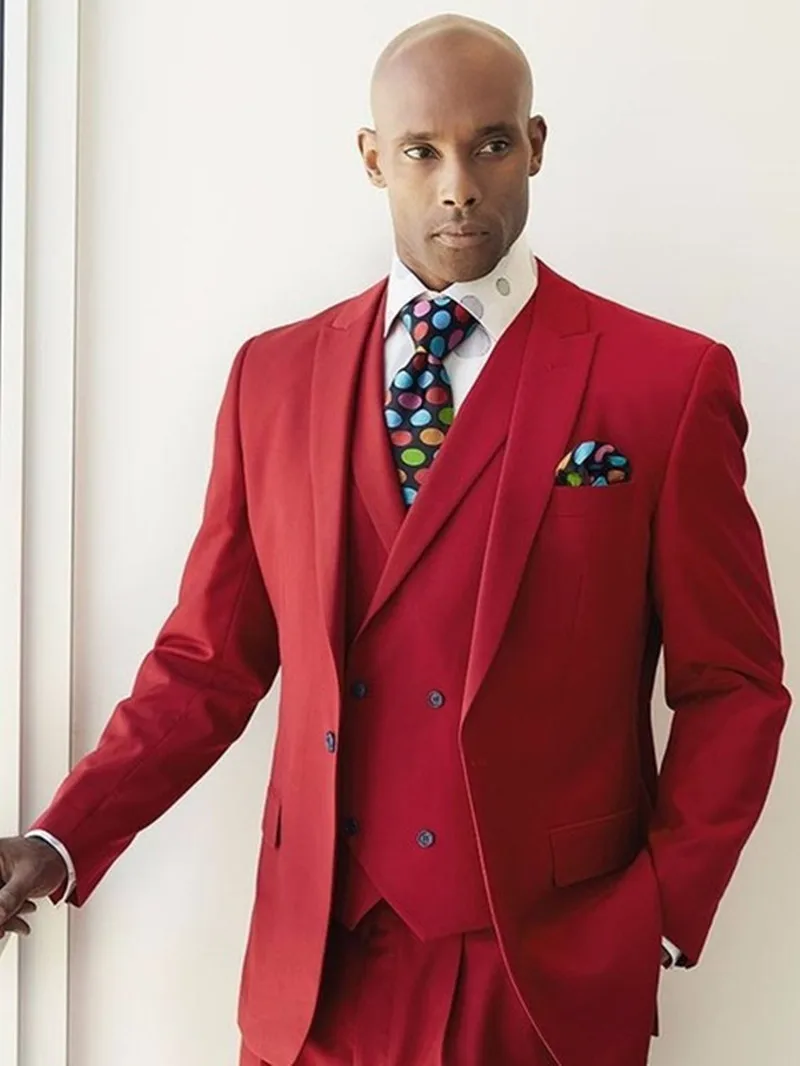 Мода 2017 г. Красный мужской костюм Блейзер с однобортный жилет Нарядные Костюмы
