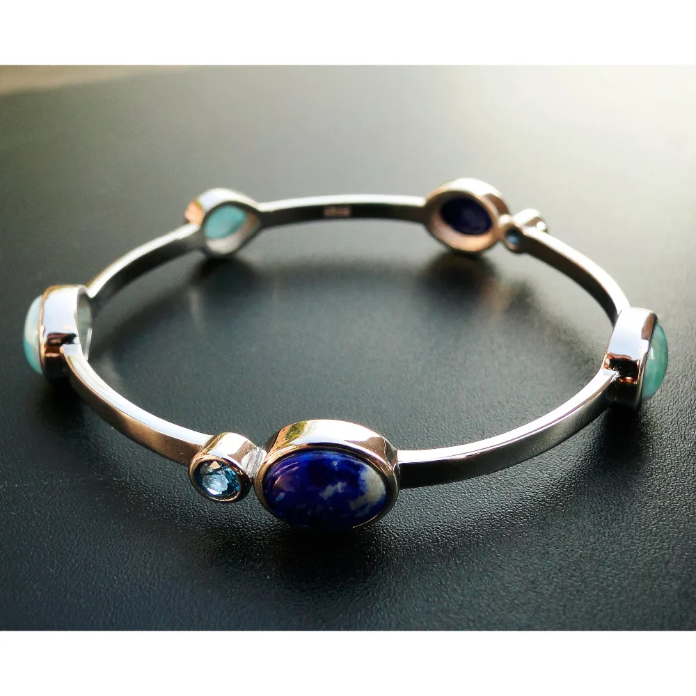 

10pcs/lot 925 Silver Bracelet Bangle Natural Larimar Gem Stone Woman 925 Silver Bangles Trendy Jewelry Gift for Young Girls