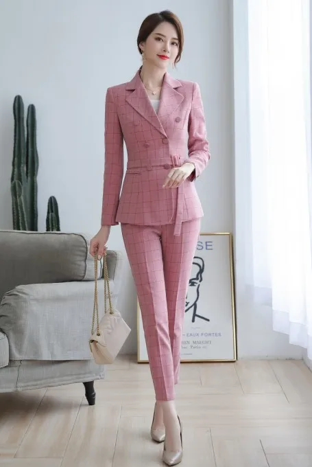 Pink coat and pants Осенние клетчатые брюки sutis для женщин, тонкий модный темперамент, профессиональный блейзер с длинным рукавом и брюки для офиса - Цвет: Pink coat and pants