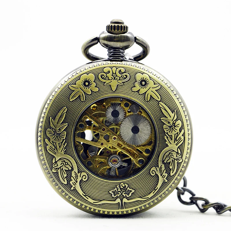 Antique Pine Tree Red Crowned Crane Embossed Mechanical Pocket Watch Vintage Gentleman Style Accessories Pendant Necklace Clock