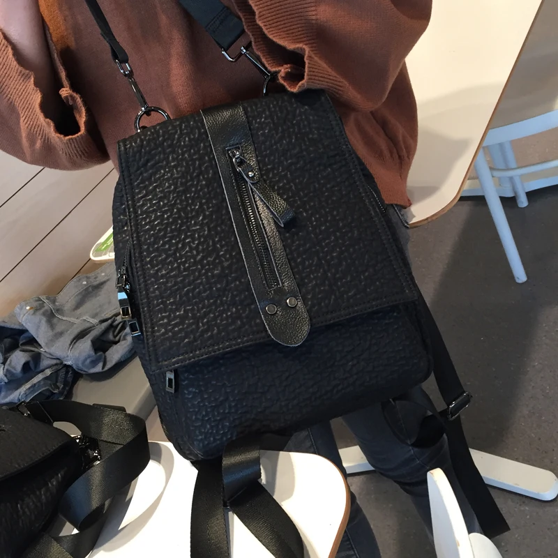 

WOONAM Genuine Leather Backpack Black Sheepskin Medium Size Backpack Handbag Shoulder Bag WB490