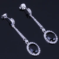 fetching black cubic zirconia white cz silver plated drop dangle earrings v0693