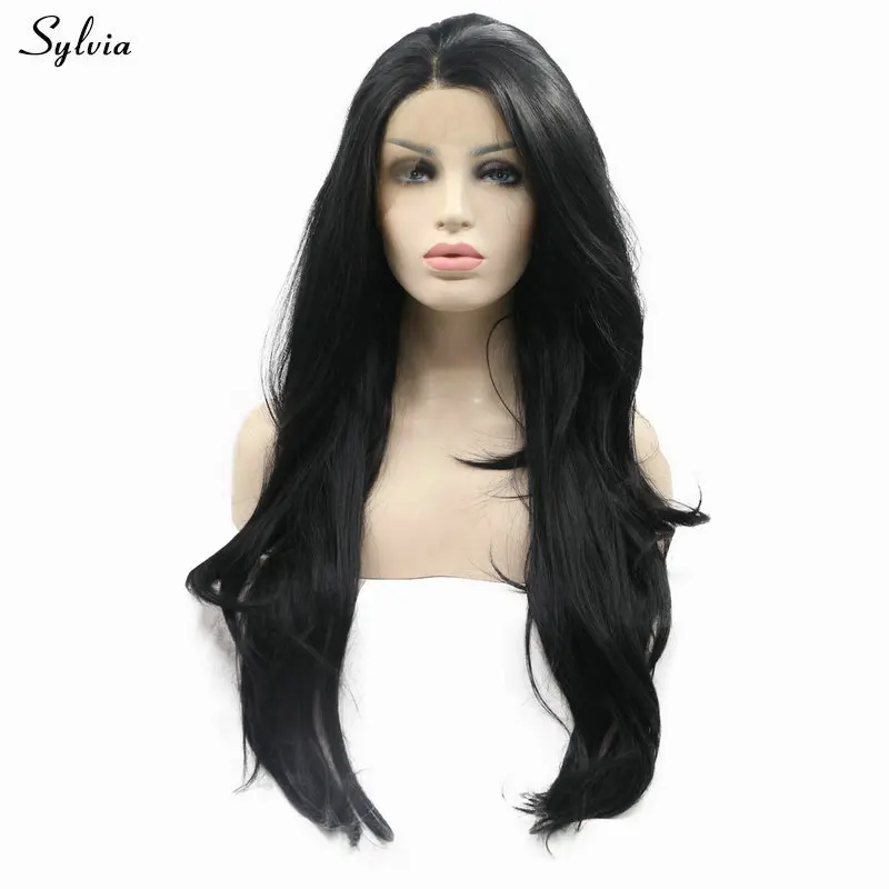 Sylvia 1B # черный длинный парик натуральные волнистые волосы термостойкие парики