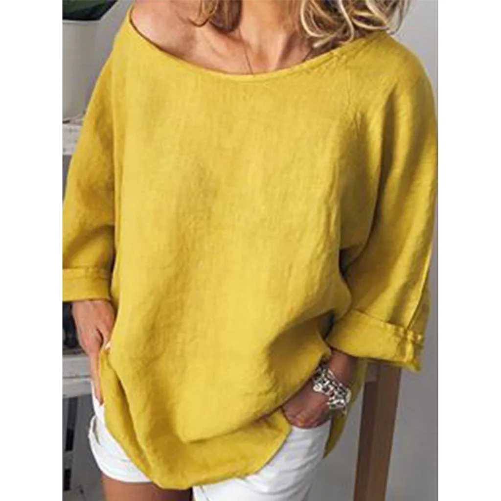 SAGACE Женская футболка белая повседневная с o образным вырезом 3/4 рукав сплошной