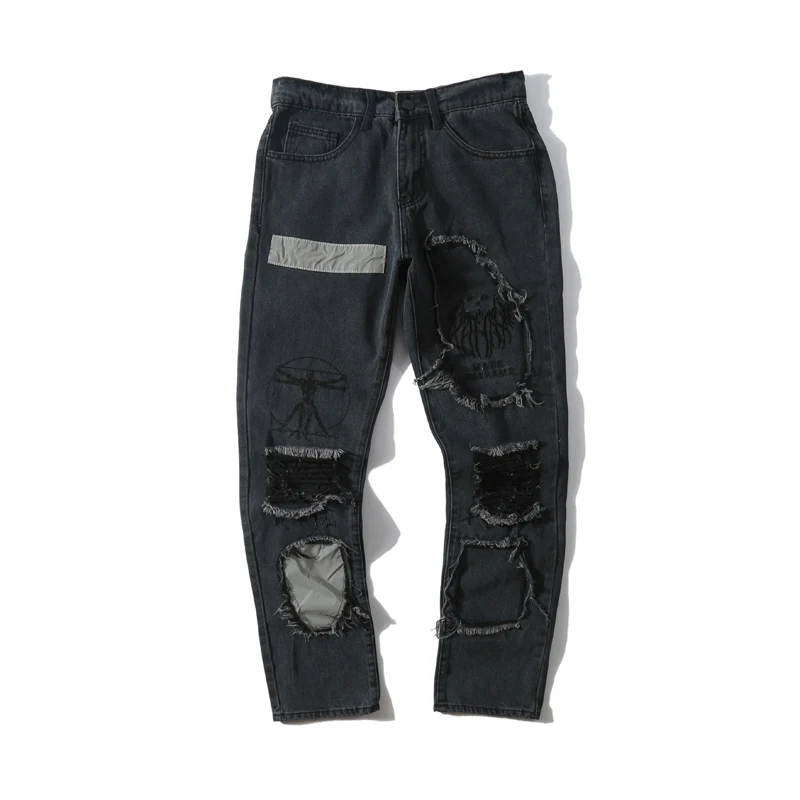 Мужские джинсы в стиле рок винтажный стиль Лоскутная Вышивка рваные потертые