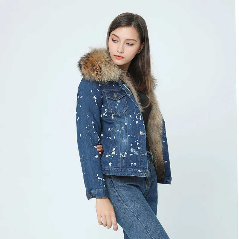 OFTBUY Новая повседневная зимняя куртка женская джинсовая куртка с дырками меховое пальто воротник из натурального меха енота парка с подкладкой из натурального меха енота